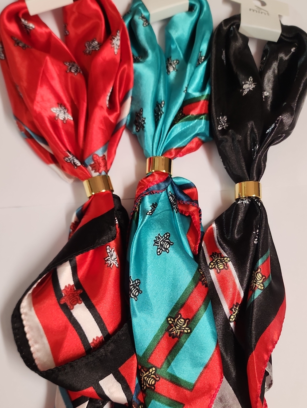 Mint Satin Neck Scarves Trio in Red, Teal & Black with Gold Ring